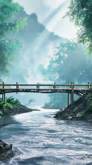 雨雾林间溪流治愈风景