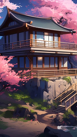 古风樱花树木房屋海景