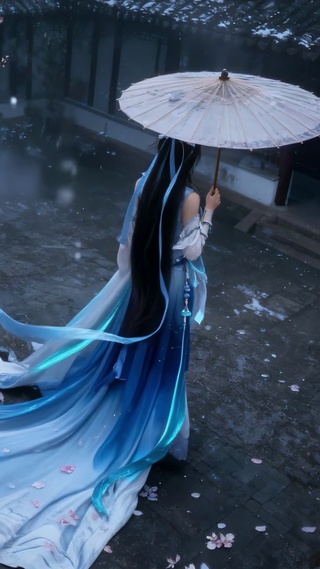 落樱雪天古风撑伞美人