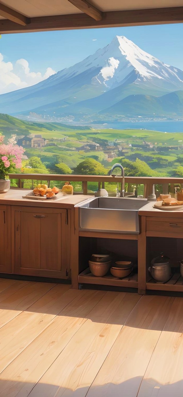 厨房窗外的雪山