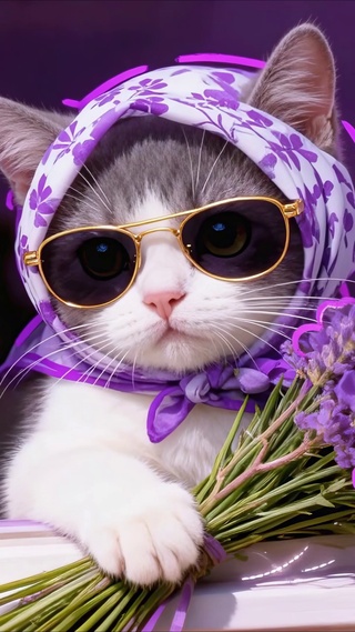 窗边可爱花束猫