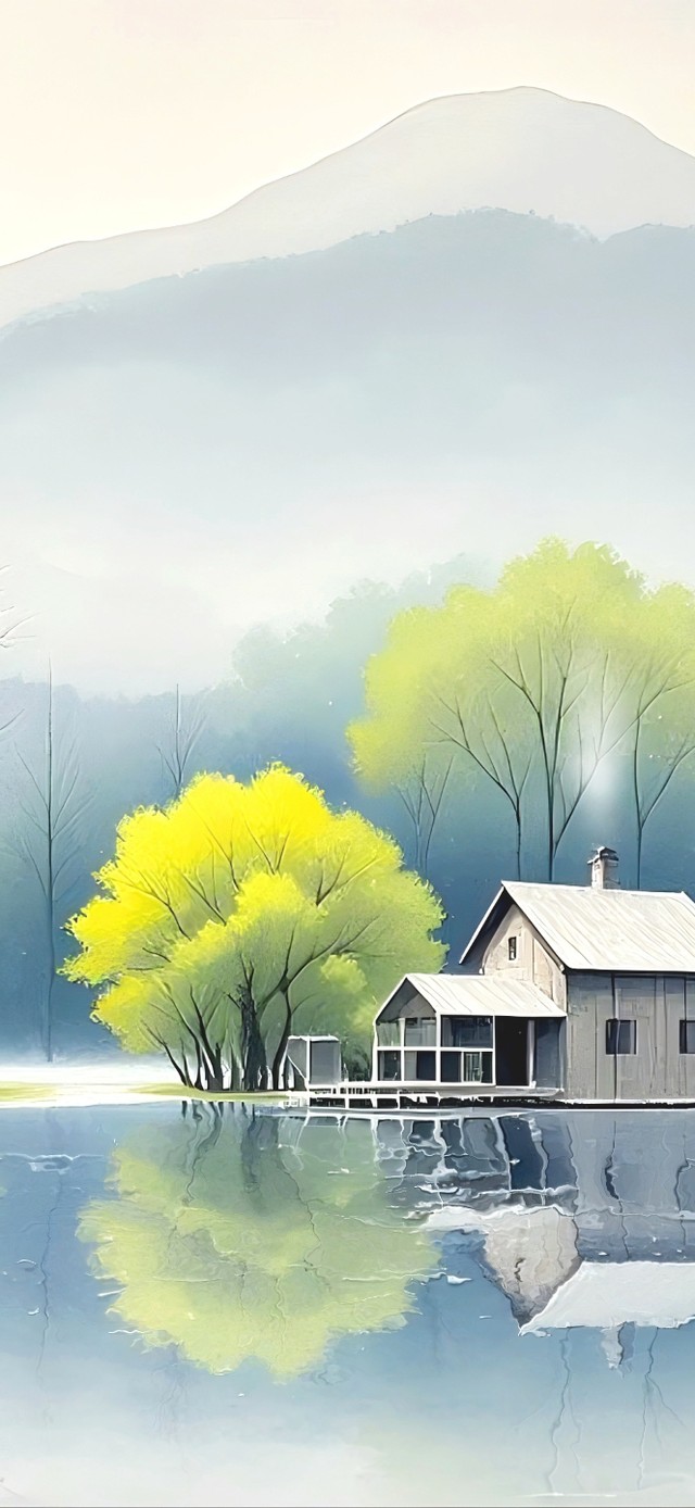 春天湖边小屋