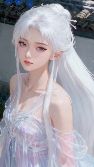 古风庭院白发清纯美少女