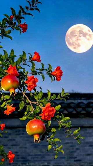 月夜古院石榴树花果同枝