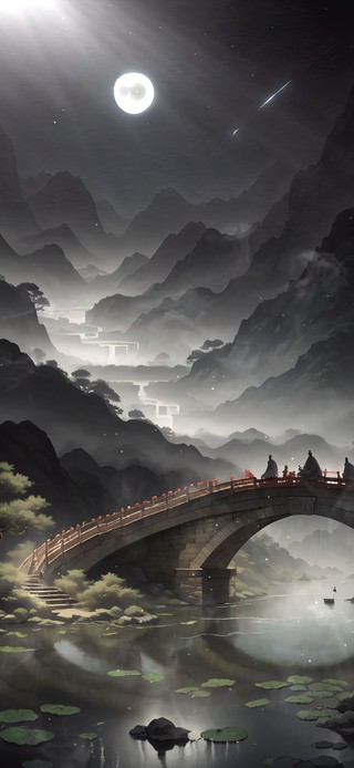 月下湖面石桥