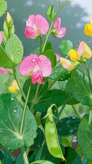 护眼雨中开花豌豆尖