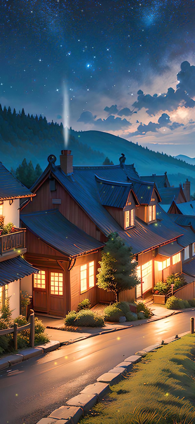 4K唯美治愈古风小镇夜晚星空