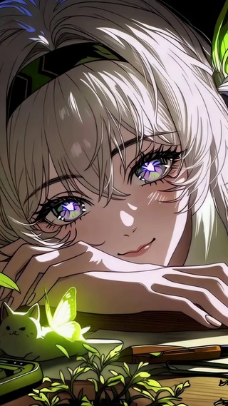 夜晚萤光书桌银发美少女