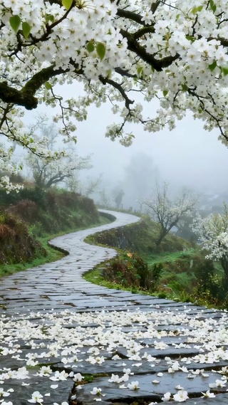 雾雨樱花古村石板步道