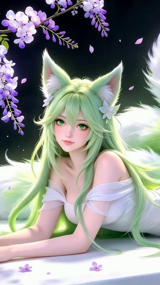 紫藤花下青发九尾狐少女