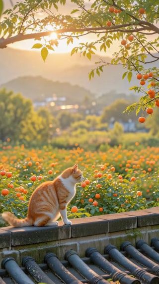 红柿黄昏・橘猫古墙