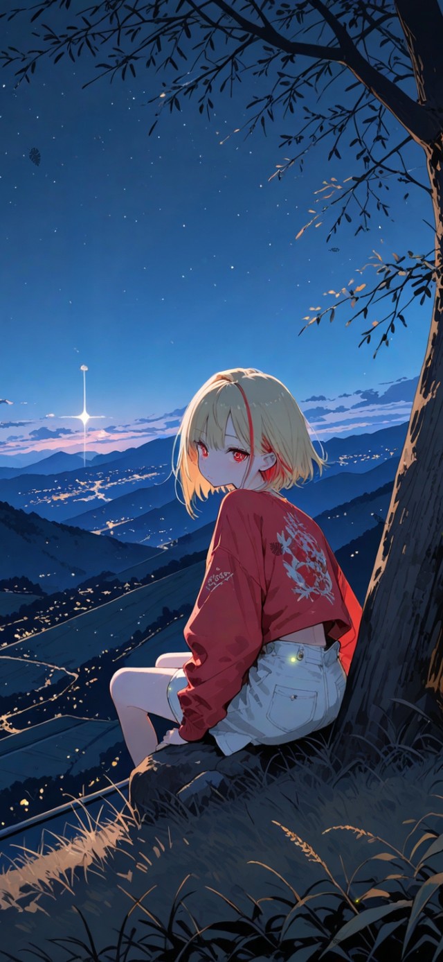 唯美夜晚草地女孩