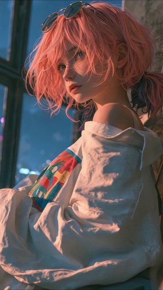 天台夜景粉发少女