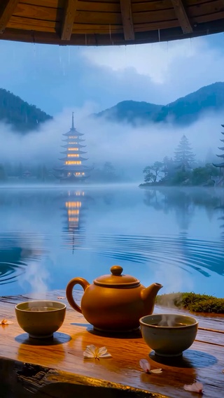 国风雨景湖面