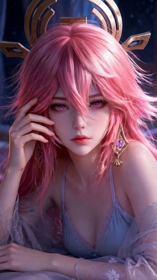 夜晚卧室粉发二次元美少女