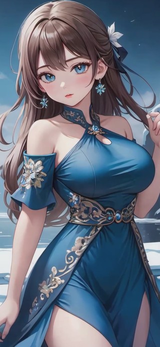 长发蓝色旗袍卡通少女-4k