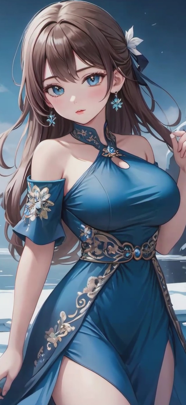 长发蓝色旗袍卡通少女-4k