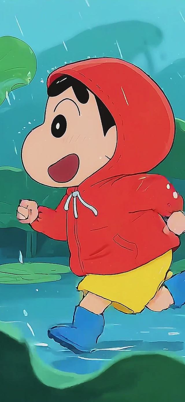 小新和小白鸭雨中奔跑