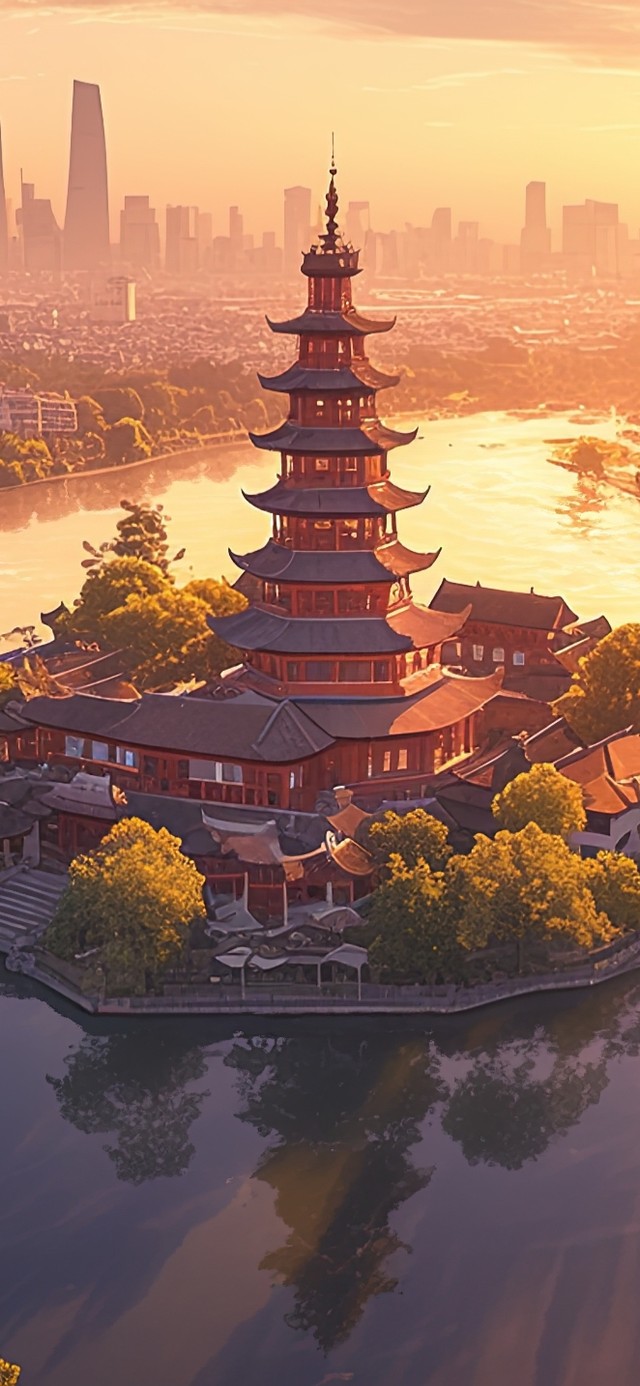 落日城市湖心公园