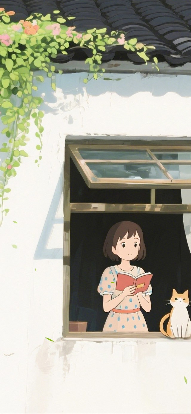窗边看书的女孩与猫咪