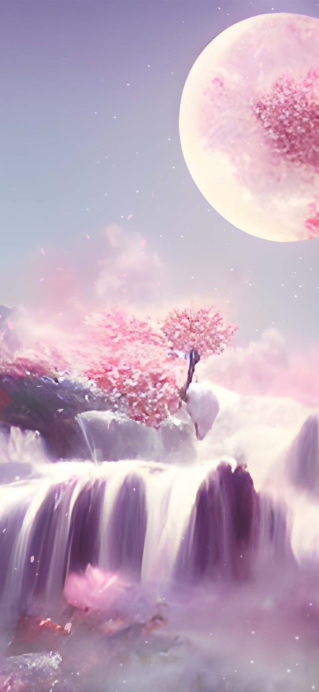 5k古风樱花山水瀑布