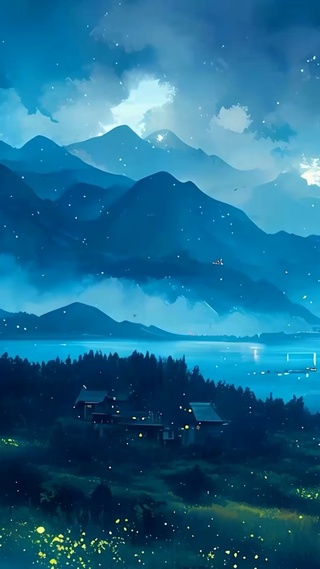 夜景星空树木河流