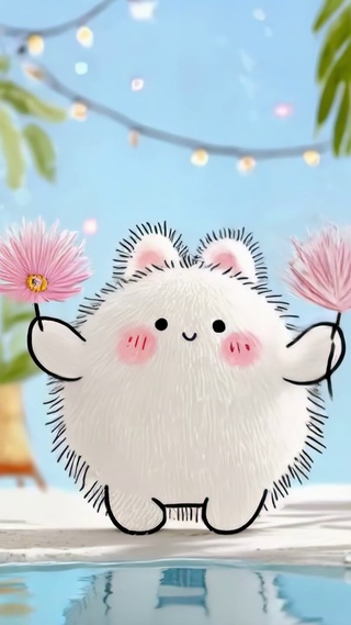 泳池边举花可爱团子