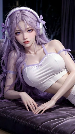 紫发耳机清纯美少女