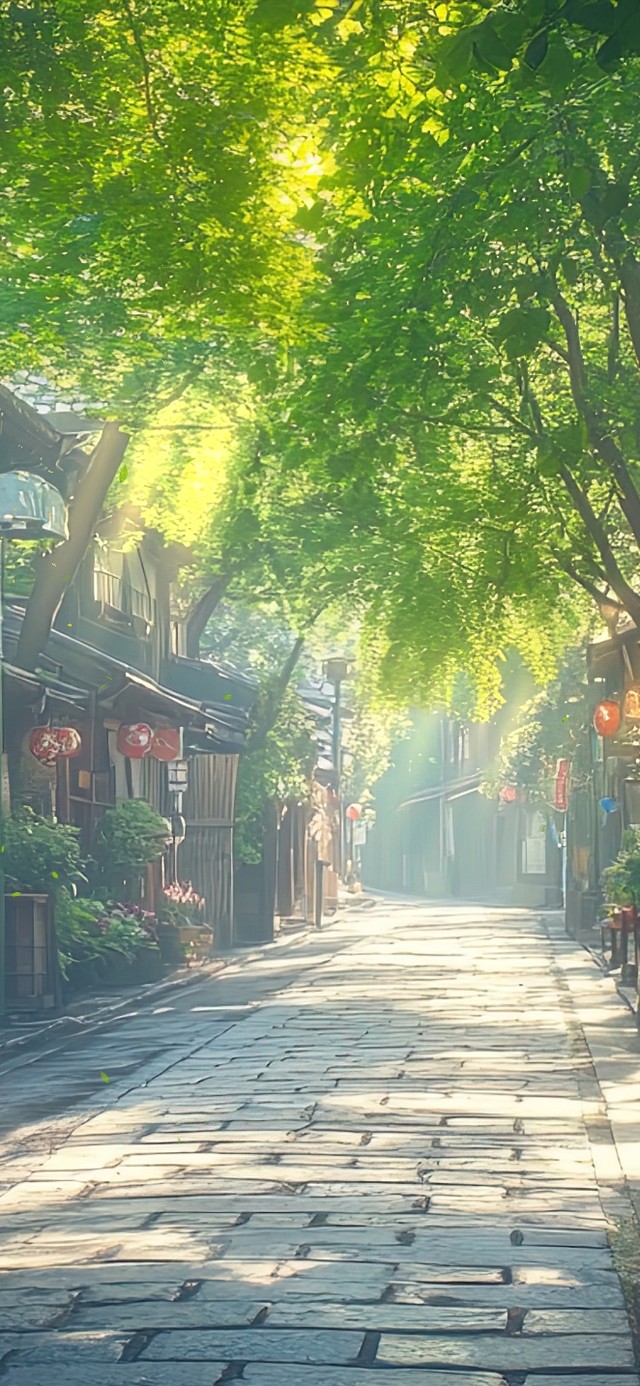 夏日朦胧绿色古镇街景