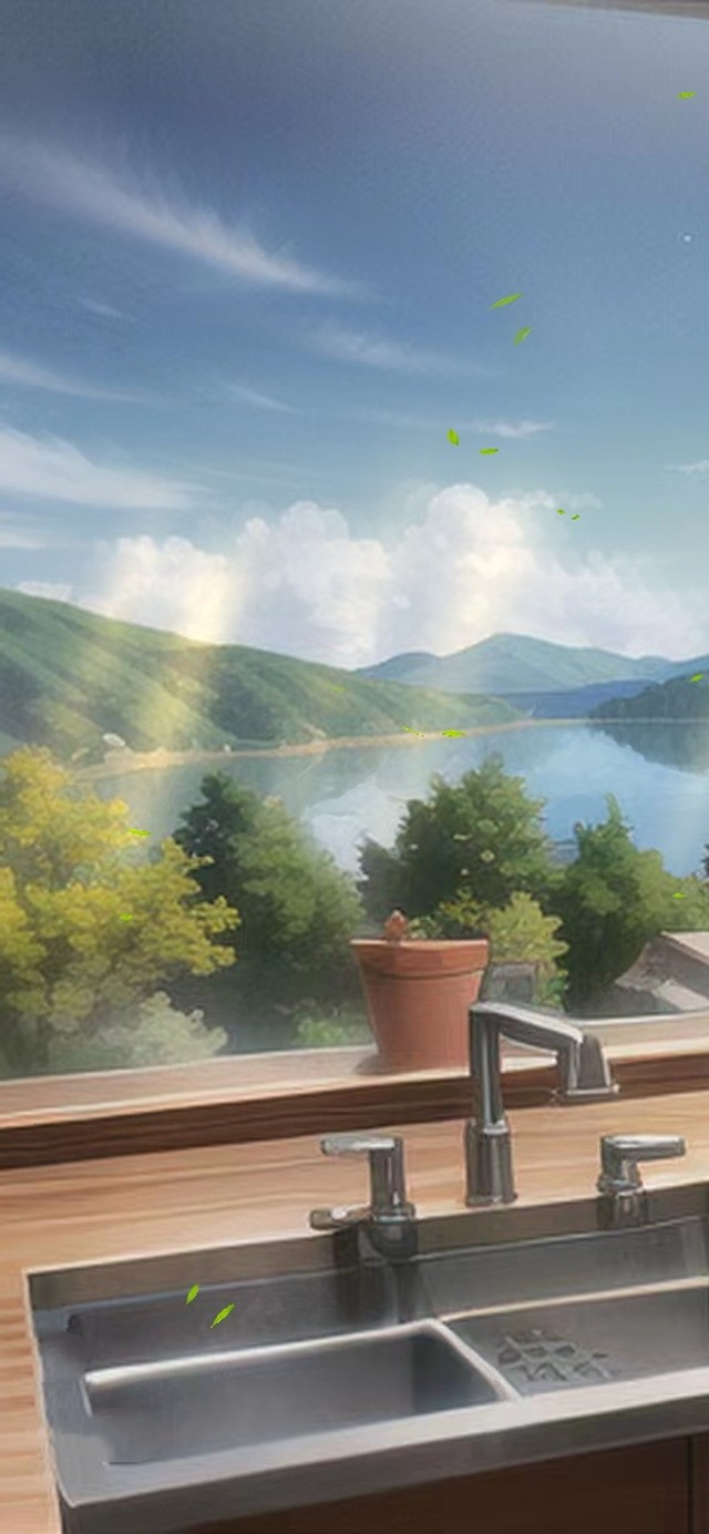 温馨厨房窗外的湖与远山