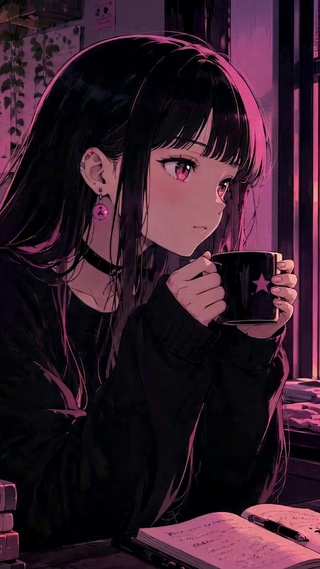 紫暮窗边二次元少女与黑猫