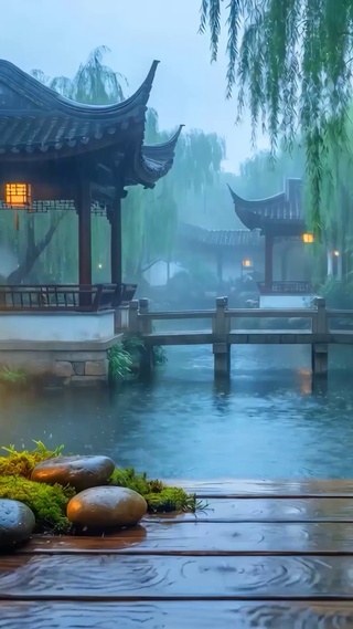 江南园林雨景