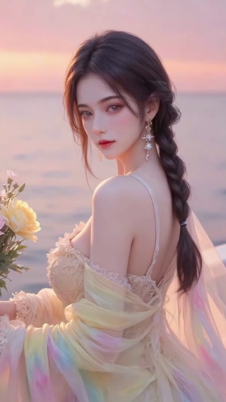 日落海上纱裙少女