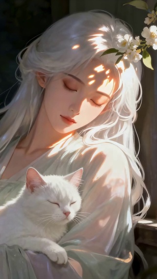 窗边银发少女与白猫