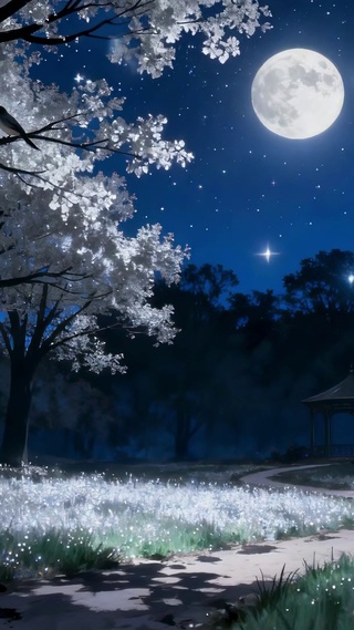 秋冬梦幻夜晚郊外树下月光森林