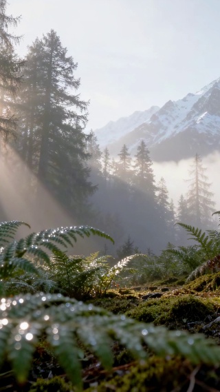 原始森林一脚远处云雾雪山