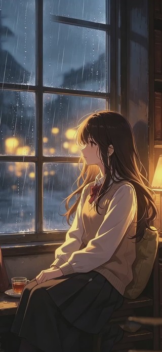 窗畔樱色·雨夜 手机锁屏