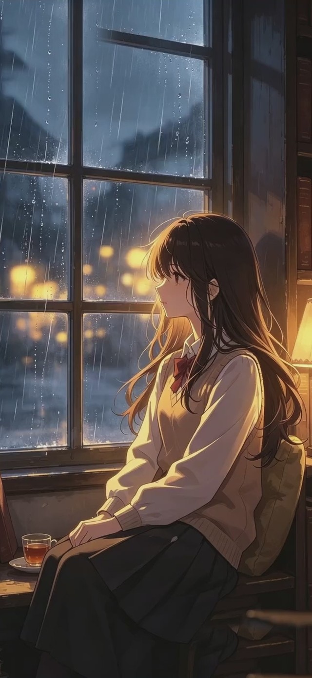 窗畔樱色·雨夜 手机锁屏