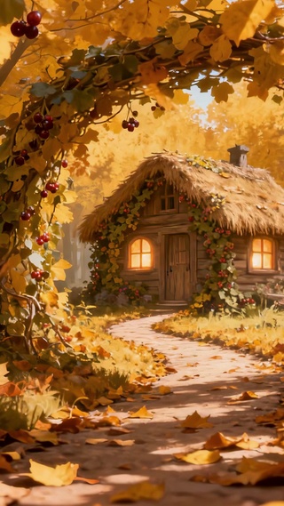 秋日小屋落叶走廊治愈风景