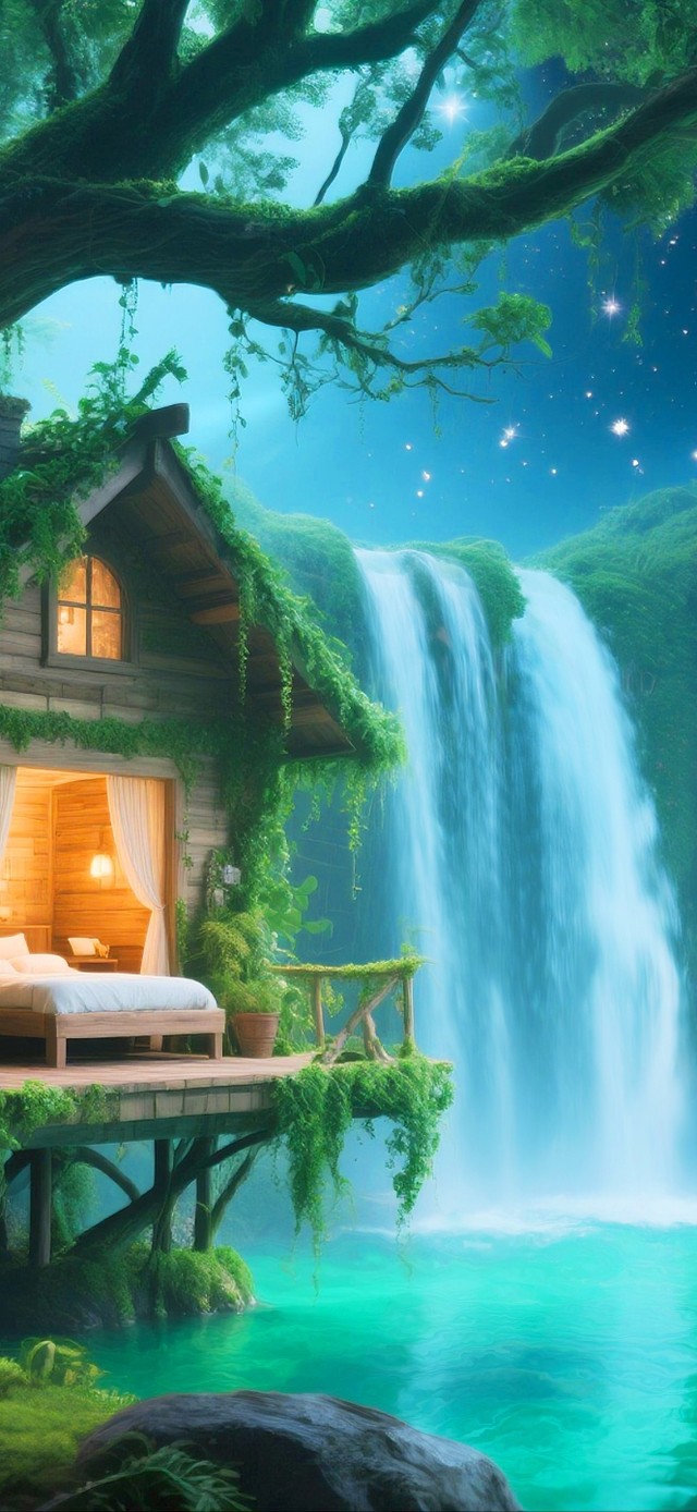 唯美瀑布小屋