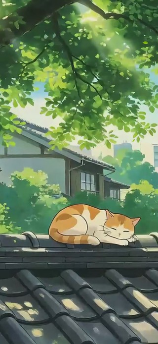 清新树屋檐小猫