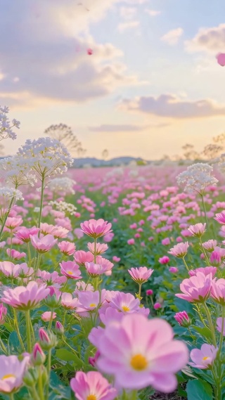 护眼晚霞浪漫粉色花田