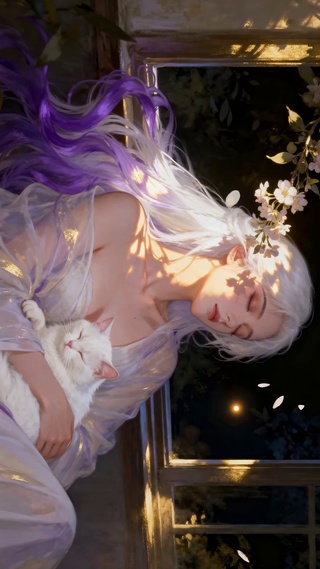 纯欲古风国风夜晚月光女孩与猫