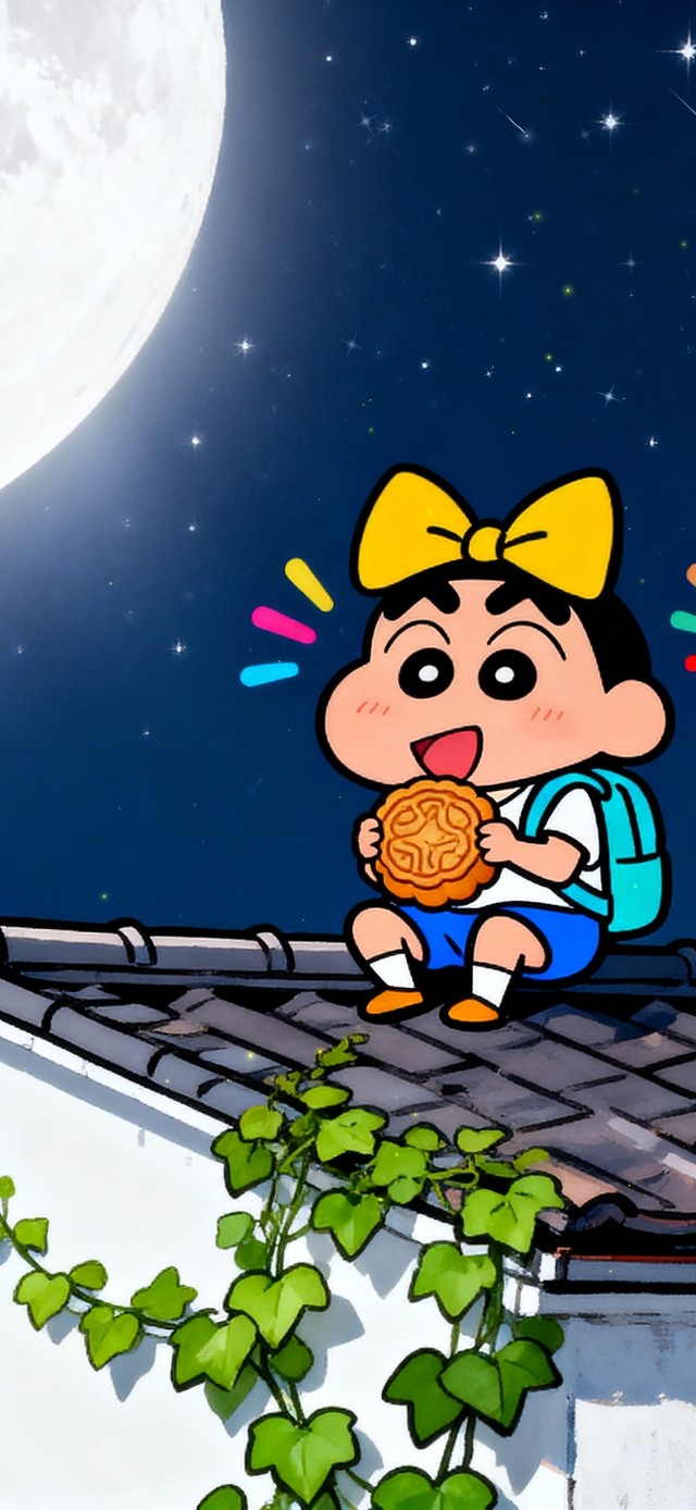 吃月饼赏月亮可爱小新