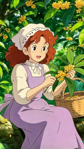 秋天桂花树摘花的动漫少女