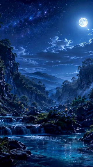 月夜溪谷幽景