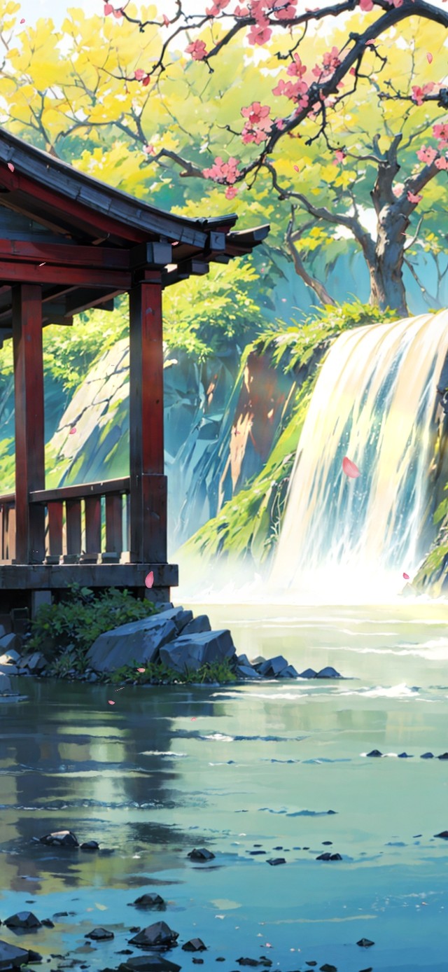 4K唯美桃花古风瀑布仙境