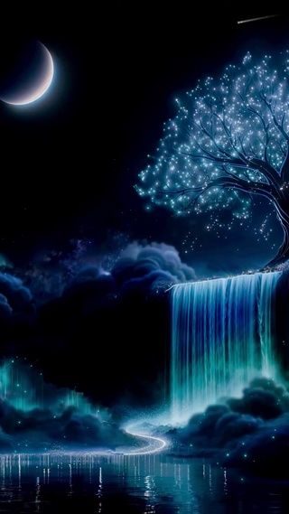 唯美星空神树瀑布