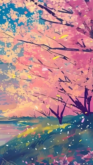 油画夕阳海景樱花树木