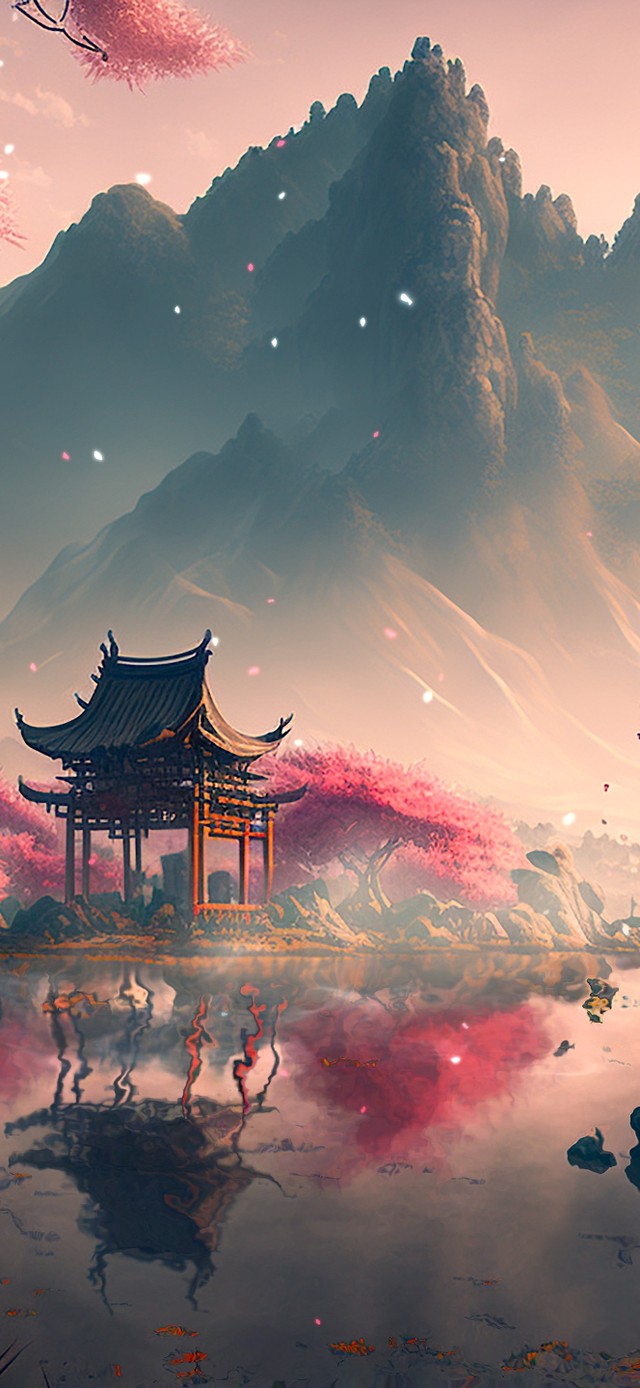 唯美古风山水湖畔楼亭
